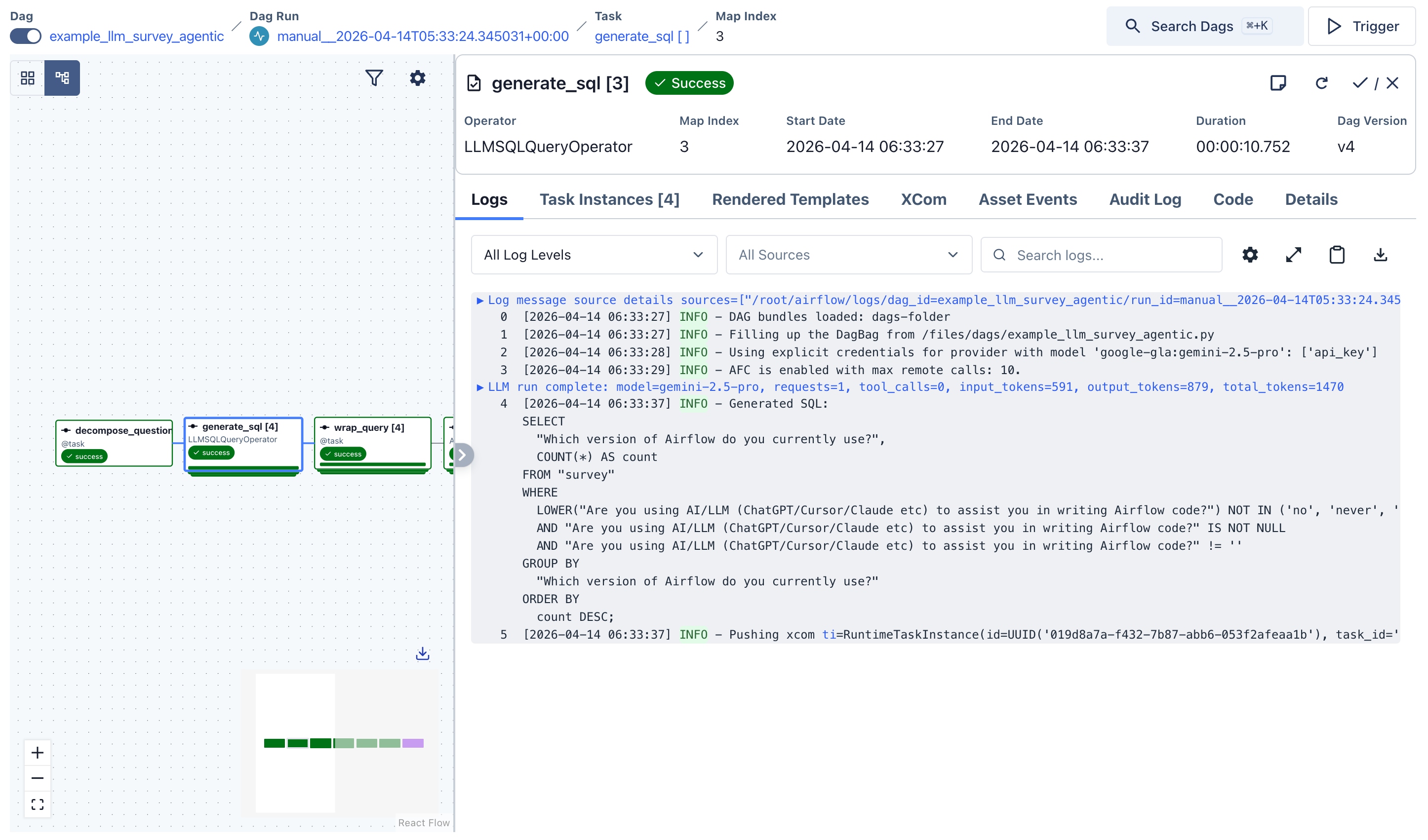 generate_sql[3] task logs showing the LLM-generated SQL query