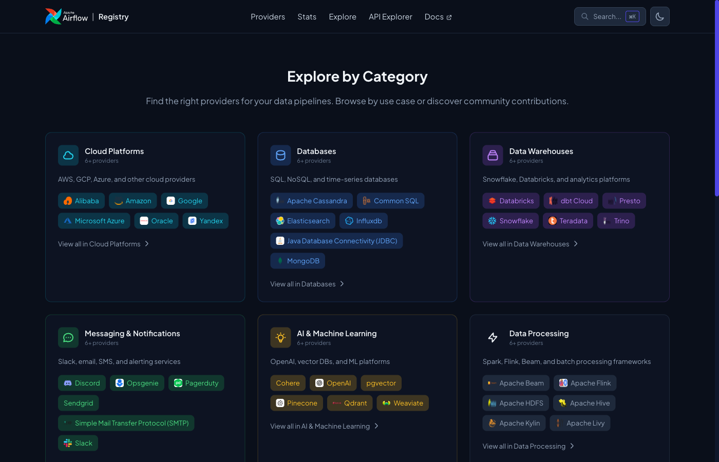 Explore page showing providers grouped by category