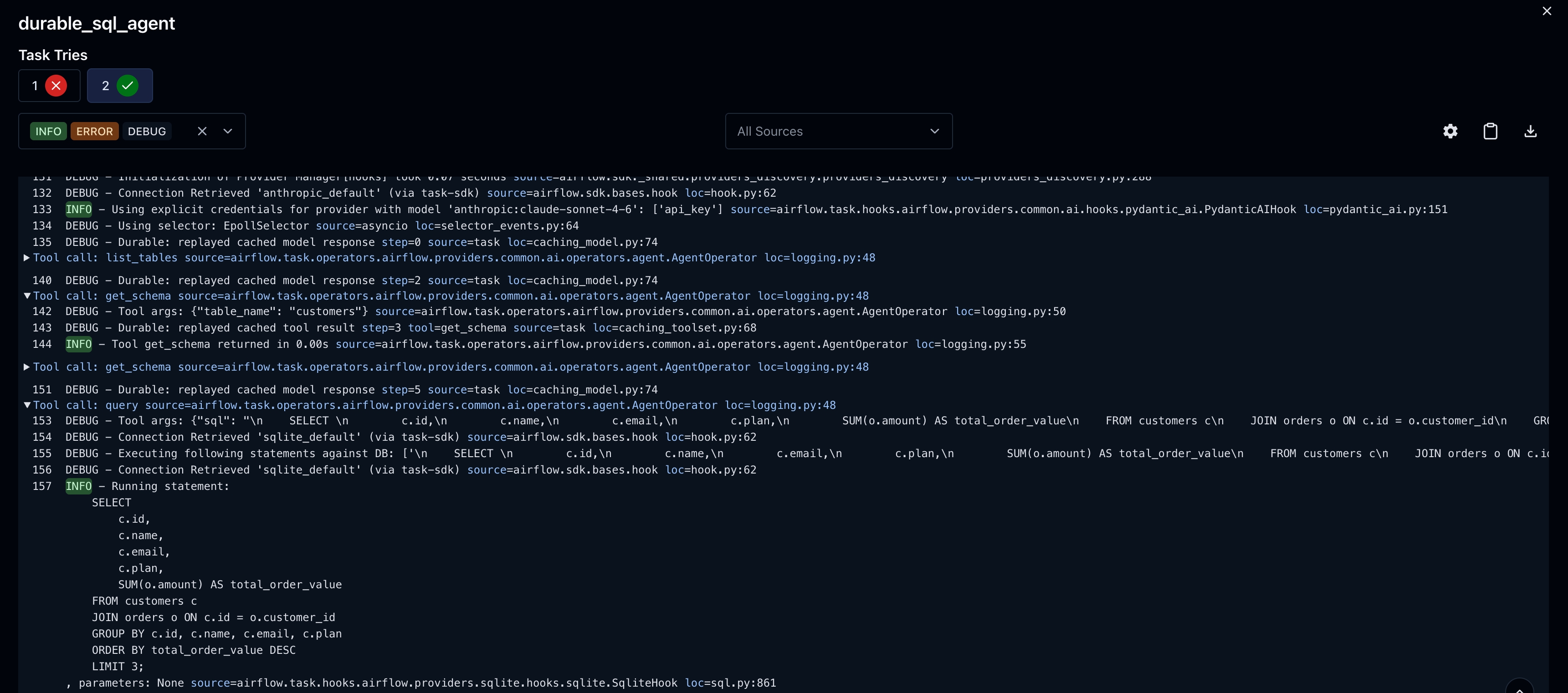 Attempt 2: cached steps replayed instantly, agent continues from where it left off