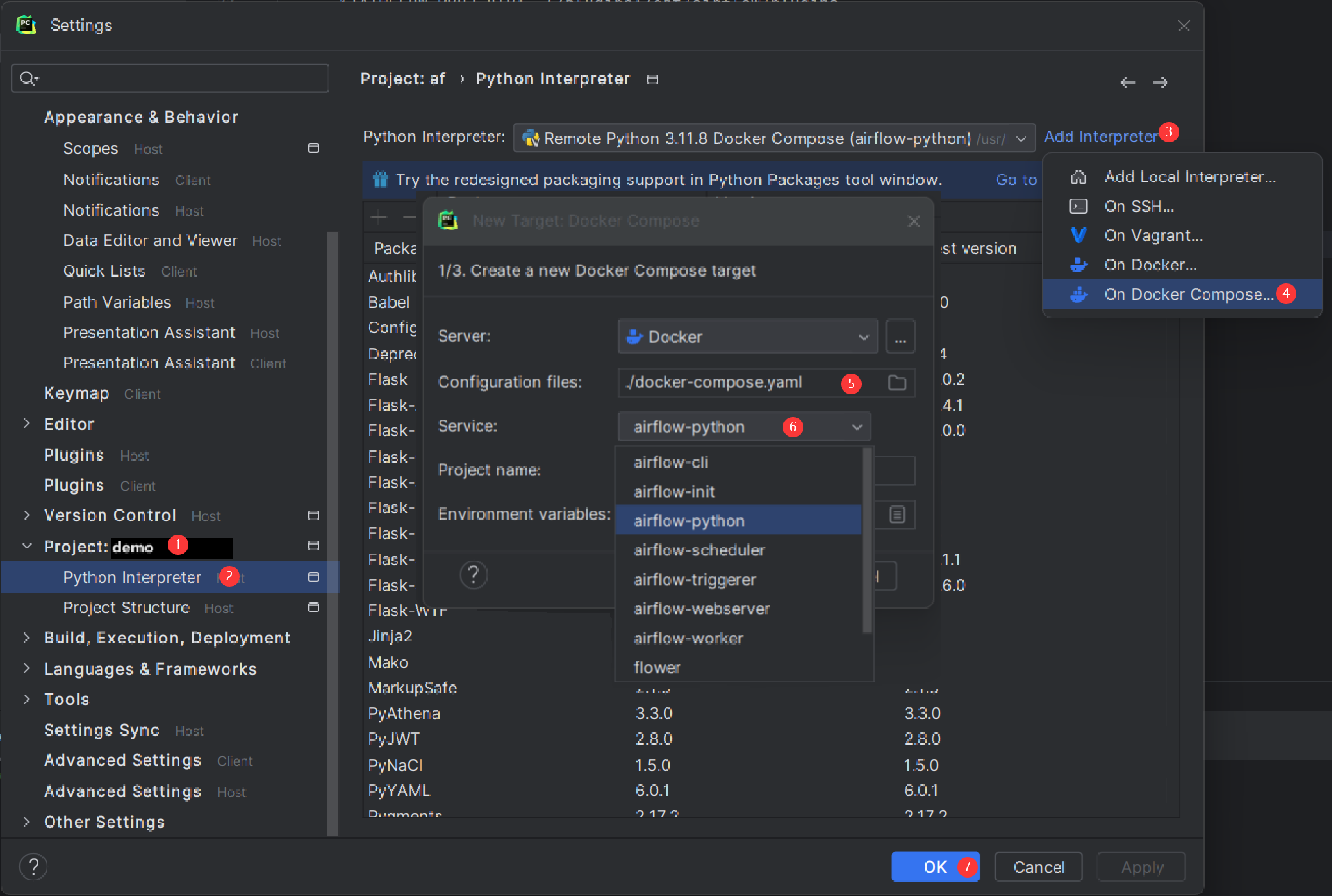 Configuring the container's Python interpreter in PyCharm, step diagram