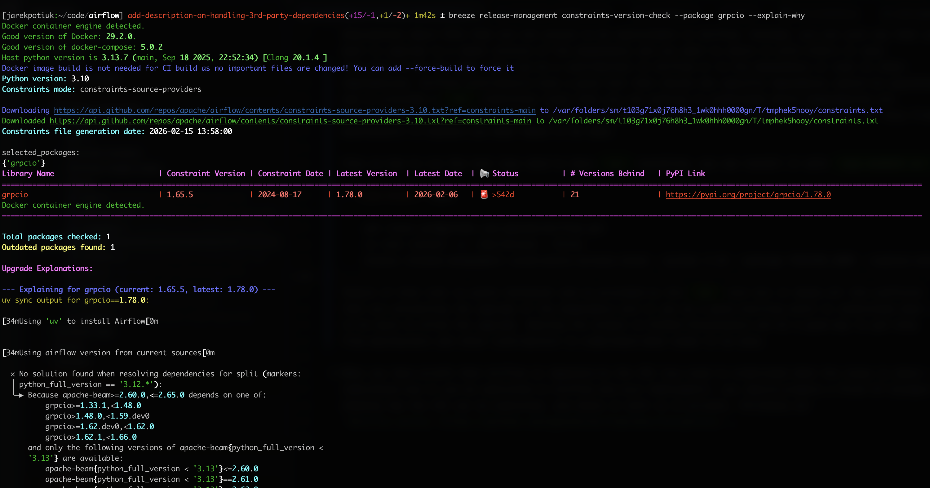 Output of uv tool for ``grpcio`` package upgradability status