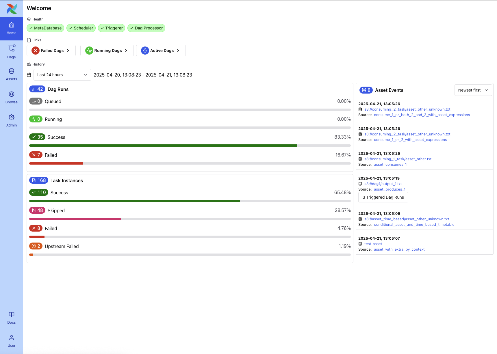 Airflow Home Page showing system health, Dag/task stats, and asset events (Light Mode)