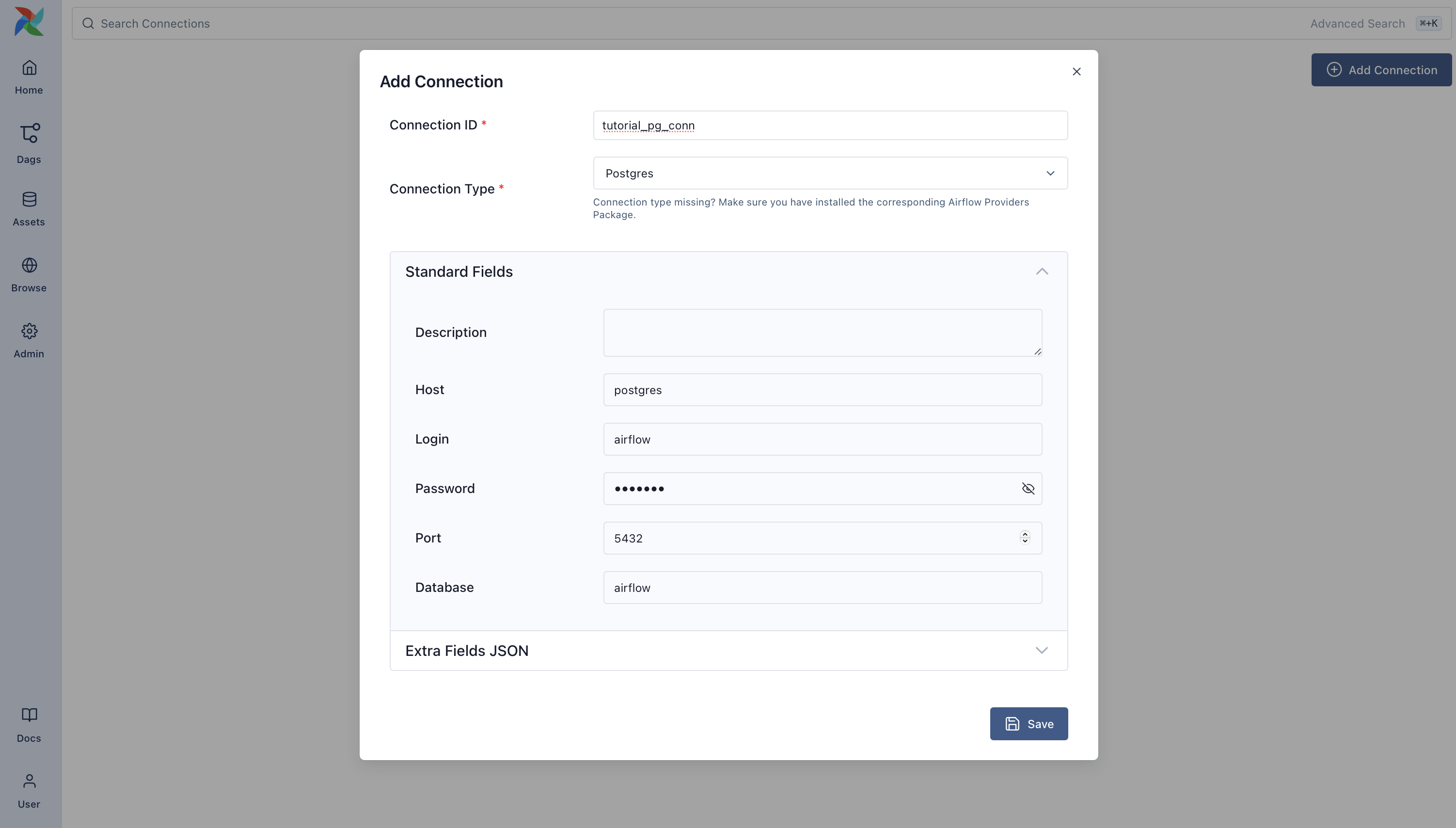 Add Connection form in Airflow's web UI with Postgres details filled in.