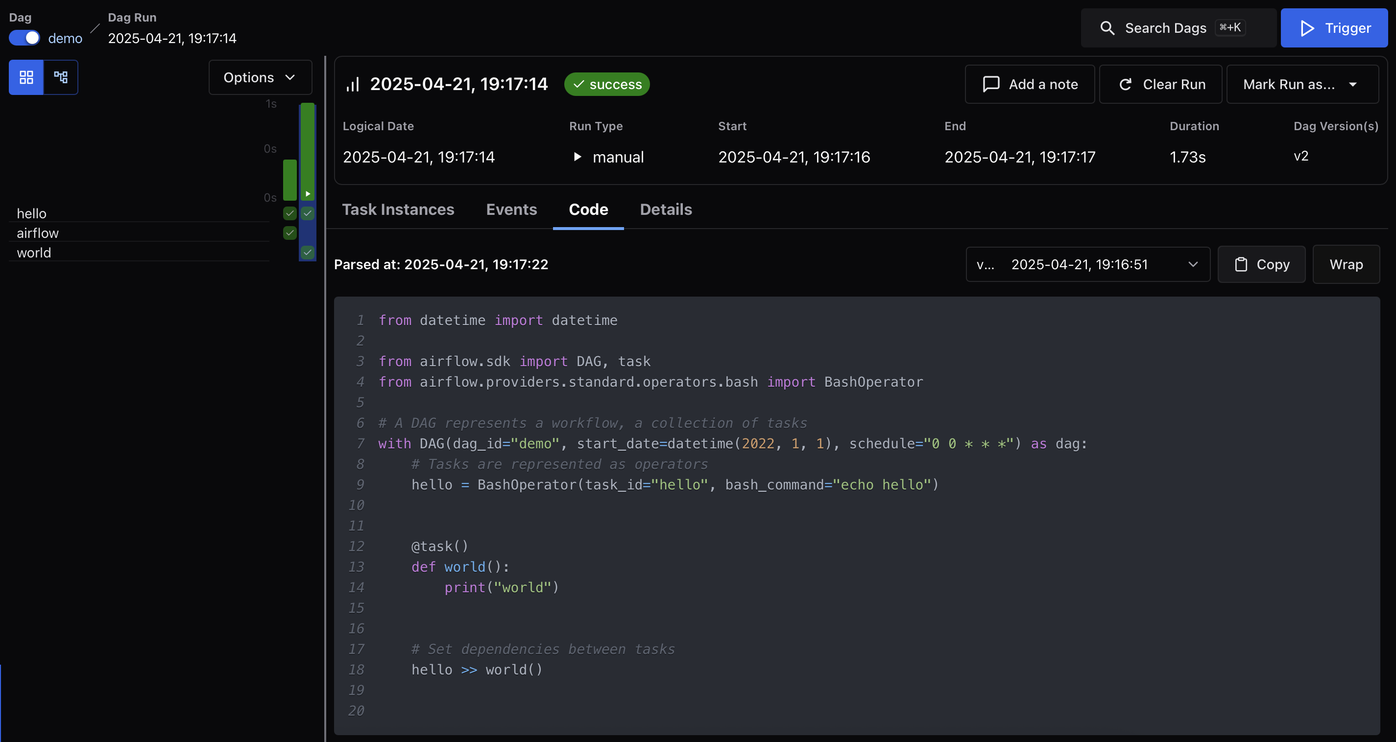 Dag Run Code Snapshot - world() (dark mode)