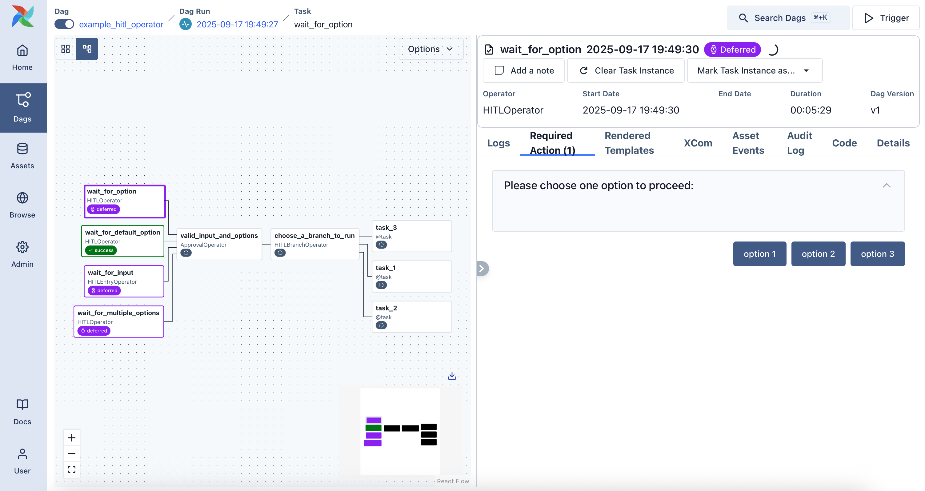 Demo HITL task instance waiting for an option