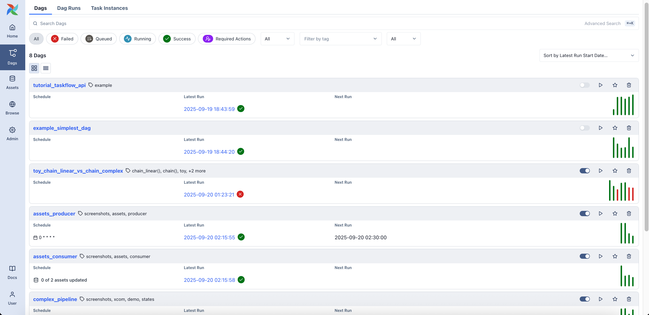 Dag List View in light mode showing the same Dags and actions for comparison