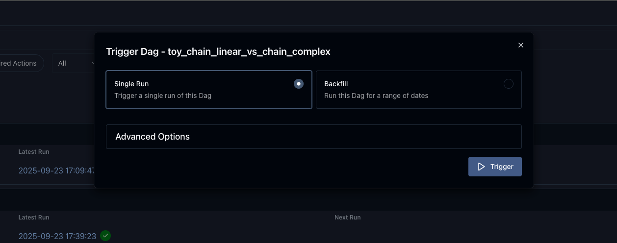 Dag Trigger Window - Single Run (Dark Mode)